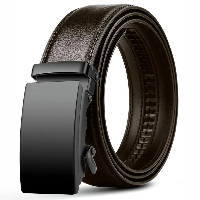 Brown leather belt with black buckle on a white background