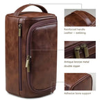 Brown leather shoe bag with features highlighted on a white background