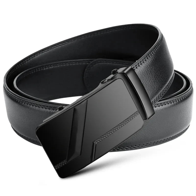 Black leather belt with a black buckle on a white background