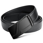 Black leather belt with a black buckle on a white background