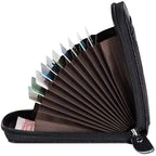 Black cardholder with multiple slots for cards and cash on a white background