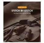 Vintage sewing tools and materials with 'Stitch by Stitch' branding on a textured background.