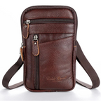 Brown leather crossbody bag with visible brand logo on a white background