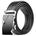 Black leather belt with a silver buckle on a white background