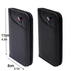 Black slim card holder size guide showing approximately 11 cm height and 8 cm width.