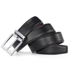 Black leather belt with a silver buckle on a white background