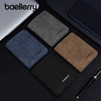 Four wallets in blue, gray, brown, and black with 'boellery' branding on a dark surface.