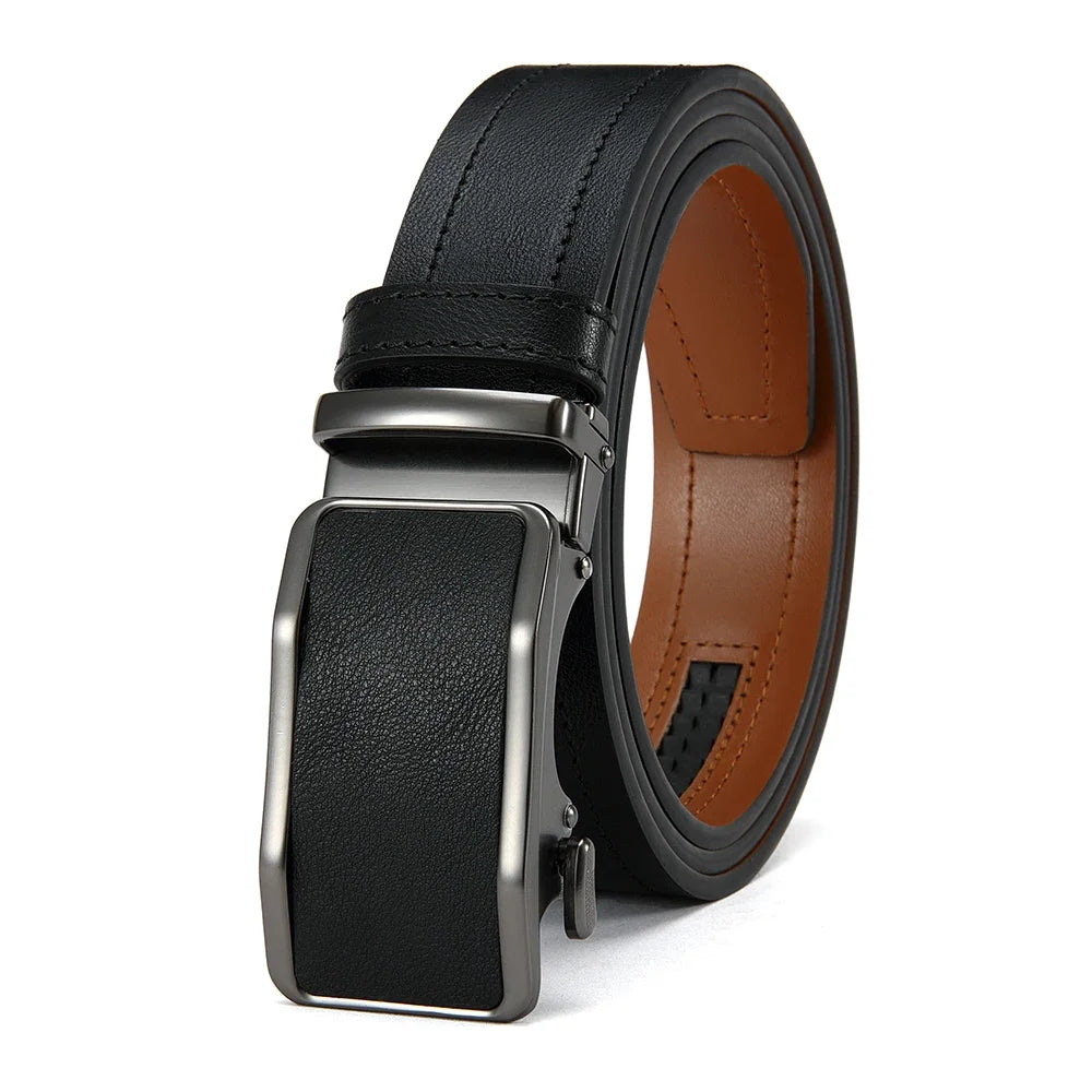 Black leather belt with silver buckle on a white background