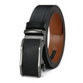 Black leather belt with silver buckle on a white background