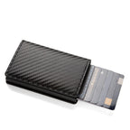 Black carbon-fibre-style PU card holder with cards presented in a staggered row.