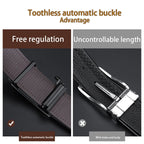 Comparison of toothless automatic buckle with traditional buckle on a belt.