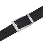 Black leather belt with a silver buckle on a white background