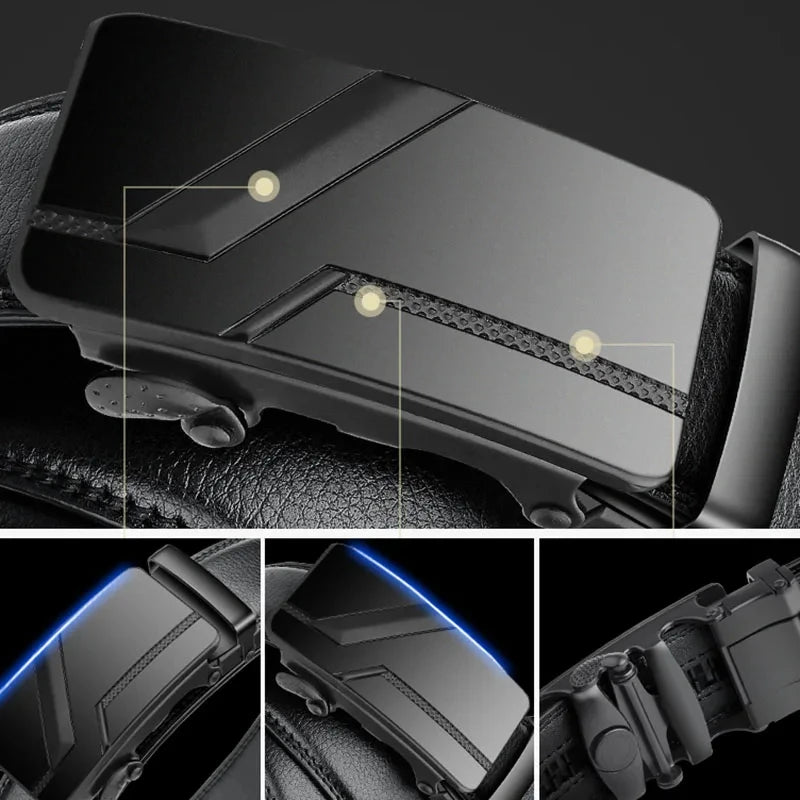 Close-up of a black leather belt with metal buckle, showing detailed texture and design.