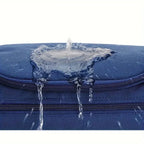 Blue suitcase with water being poured on it, showing water resistance.