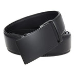 Black leather belt with a large black buckle on a white background