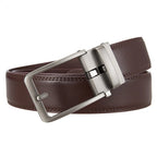 Brown leather belt with a silver buckle on a white background