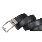 Black leather belt with a silver buckle on a white background