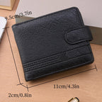Black leather wallet with measurements on a wooden surface