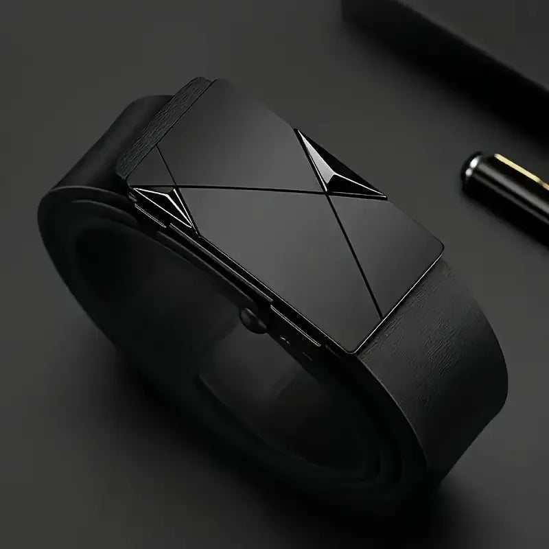 Black smartwatch with geometric design on a dark background