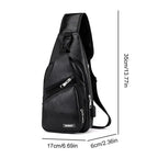 Black sling bag with measurements on a white background