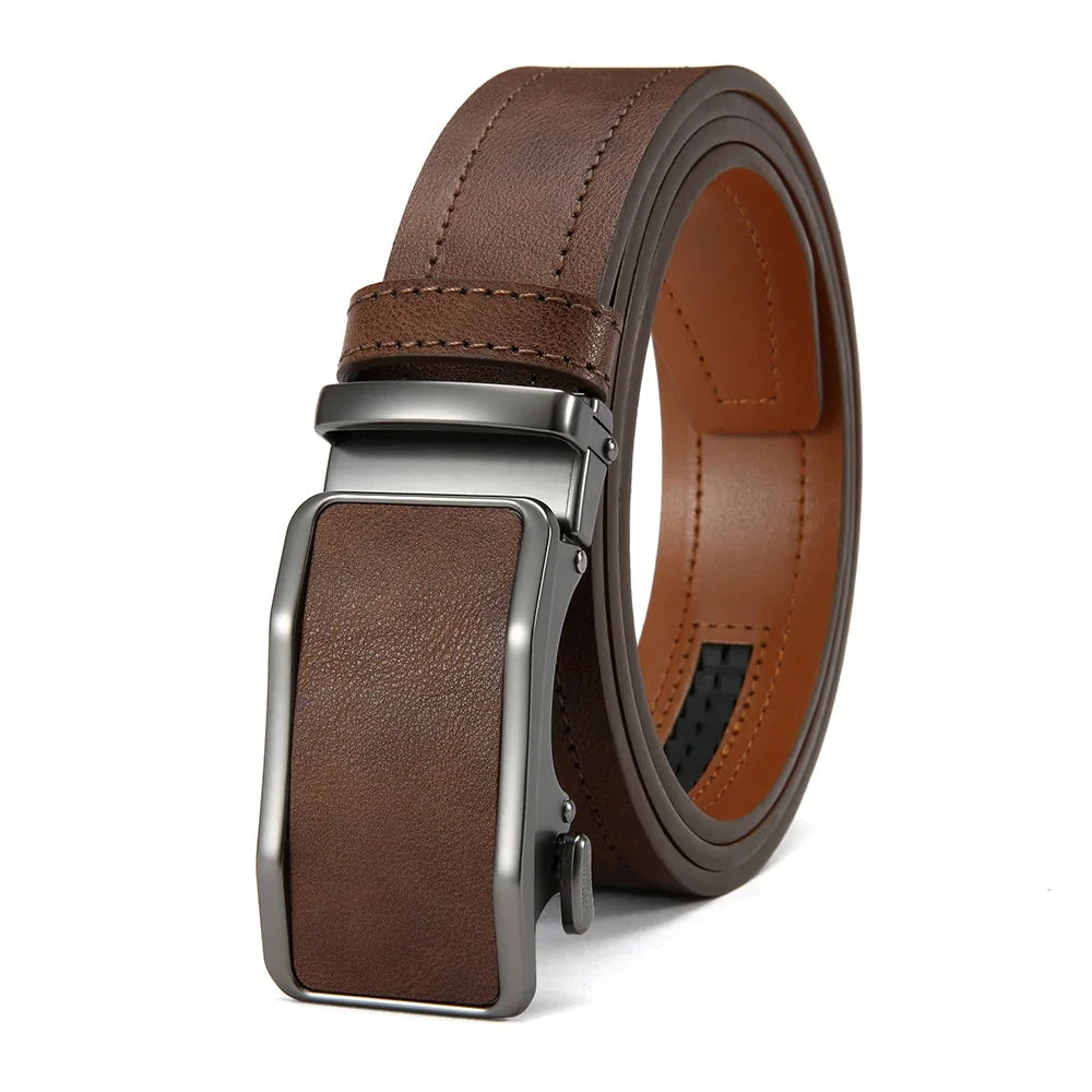 Brown leather belt with silver buckle on a white background
