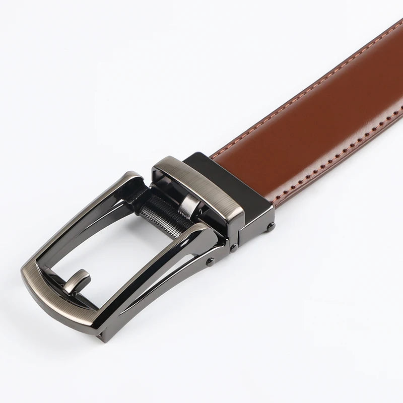 Genuine Leather Ratchet Belt for Men - Adjustable Automatic Buckle,Casual Business Style, High-Quality Leather Panel