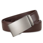 Brown leather belt with a silver buckle on a white background