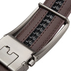 Close-up of a brown leather watch strap with a silver buckle on a white background