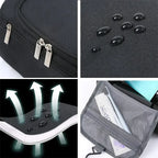 Collage of a black travel bag with zippers, water droplets on fabric, water resistance symbols, and a gray toiletry bag.