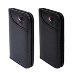 Two folded black vegan leather card holders showing the outer pocket and textured finish.
