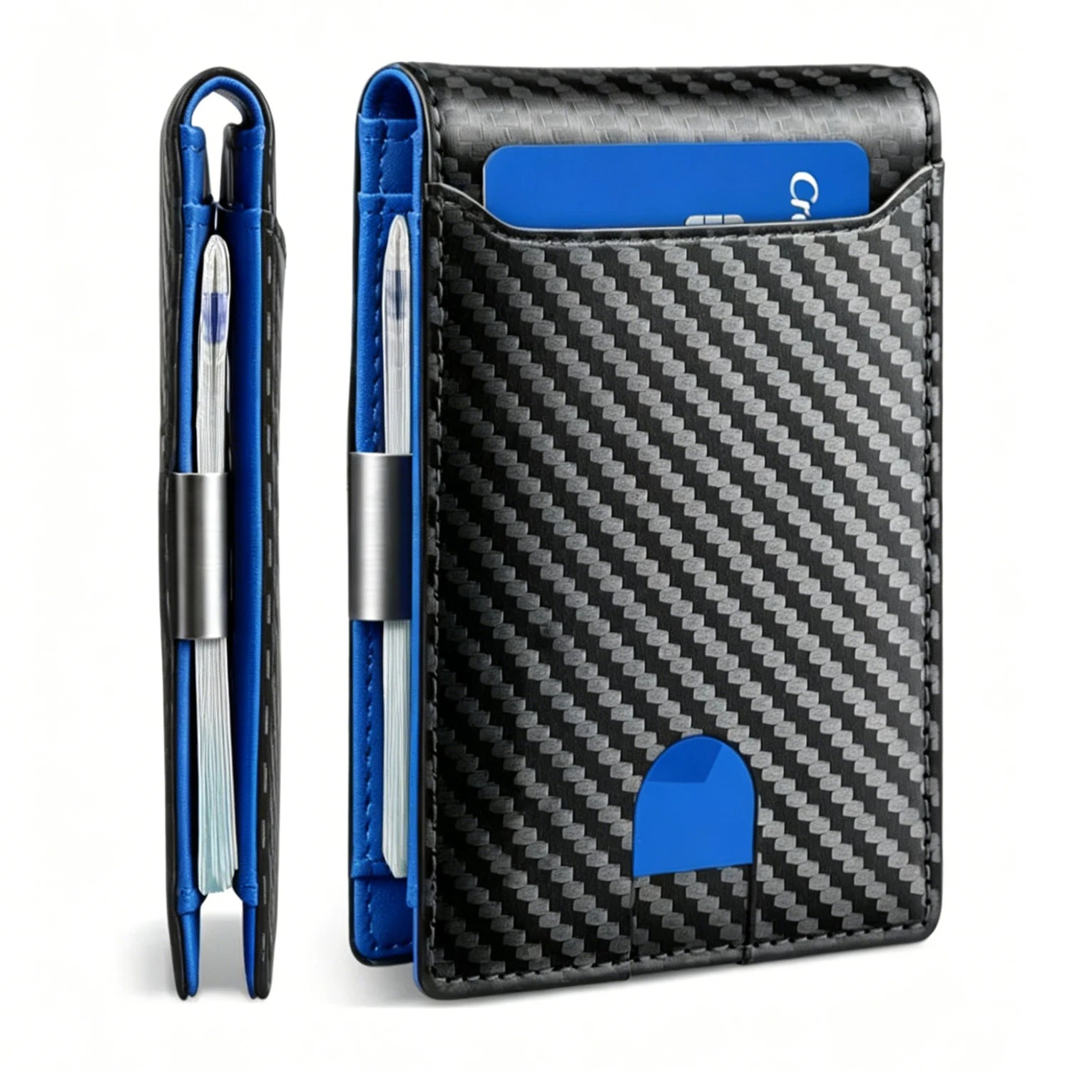 A slim black carbon-fiber-textured card holder wallet shown from the front and side on a white background. The side view shows a blue pen tucked inside, and the front view shows card slots and a blue accent pocket.