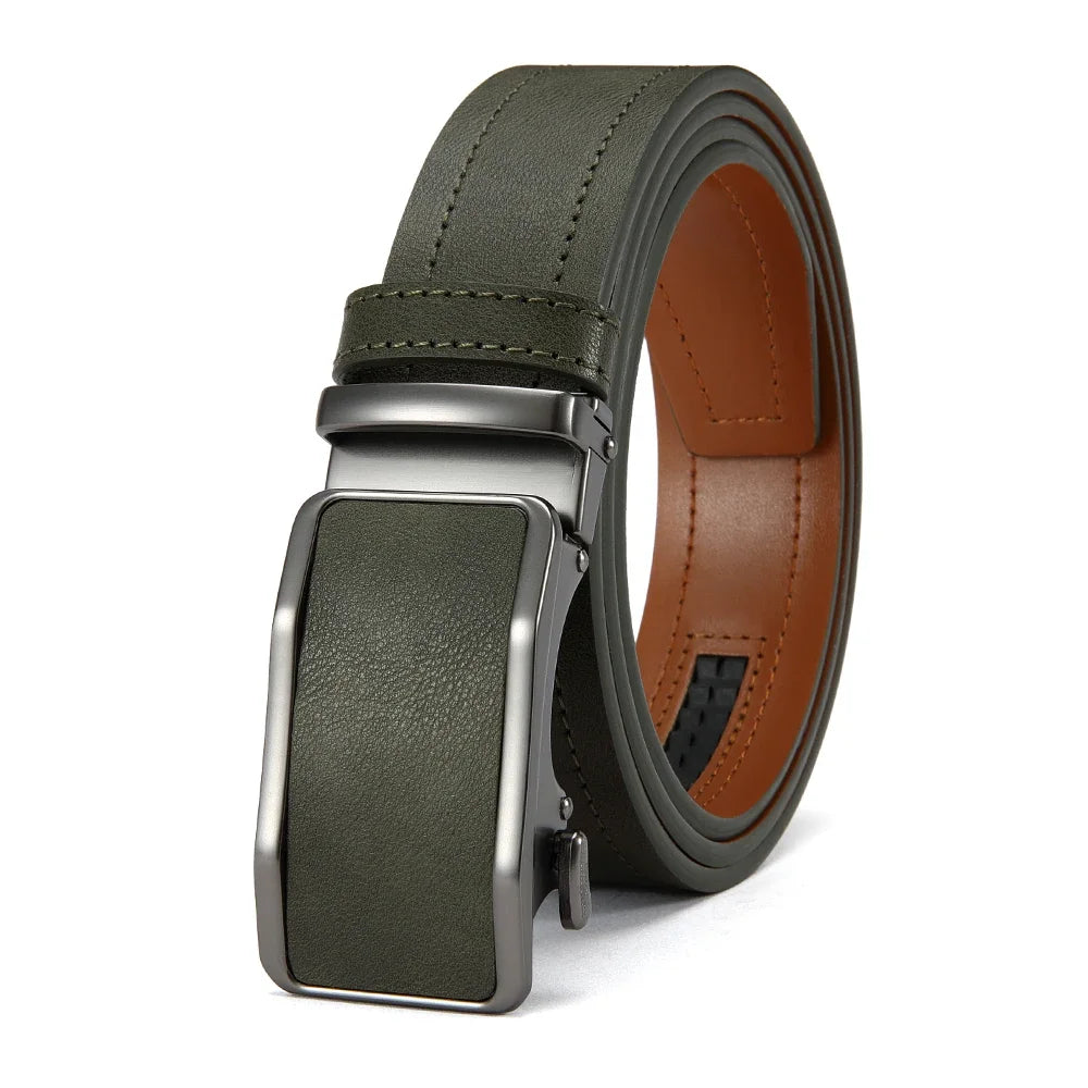 Green leather belt with silver buckle on a white background