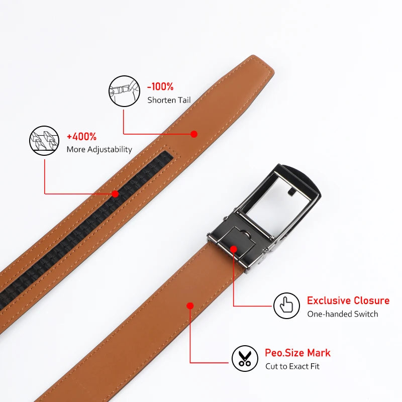 Genuine Leather Ratchet Belt for Men - Adjustable Automatic Buckle,Casual Business Style, High-Quality Leather Panel