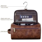 Brown leather toiletry bag with metal hook and zipper mesh room on a white background