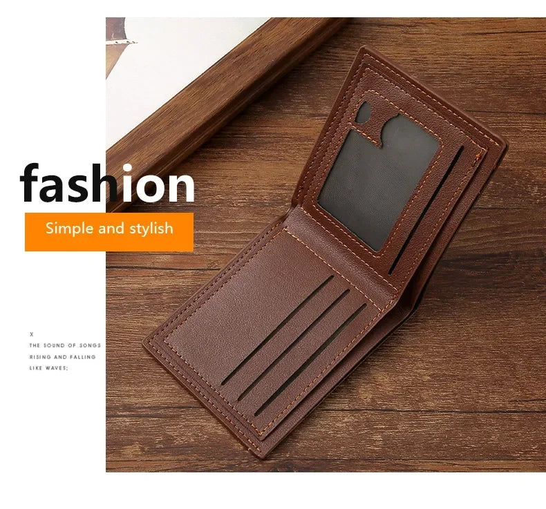 Brown leather wallet on a wooden surface with 'fashion' text overlay.