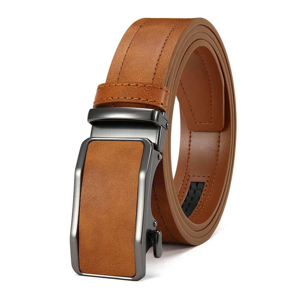 Brown leather belt with silver buckle on a white background