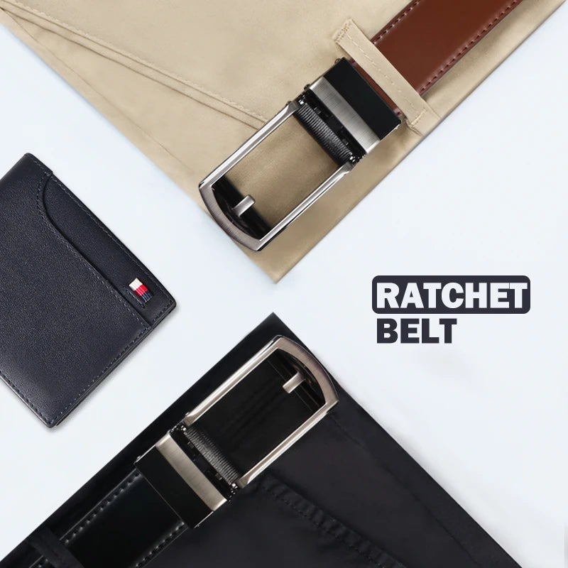 Genuine Leather Ratchet Belt for Men - Adjustable Automatic Buckle,Casual Business Style, High-Quality Leather Panel