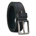 Black leather belt with a silver buckle on a white background