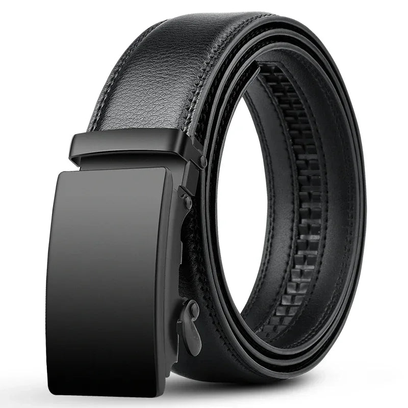 Black leather belt with a black buckle on a white background