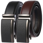 Two automatic buckle leather belts, one black and one brown, displayed side-by-side on a clean white background.