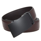 Brown leather belt with a black buckle on a white background