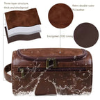 Brown toiletry bag with features highlighted on a white background