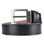 Black leather belt with a silver buckle on a white background