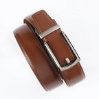 Brown leather belt with a silver buckle on a white background