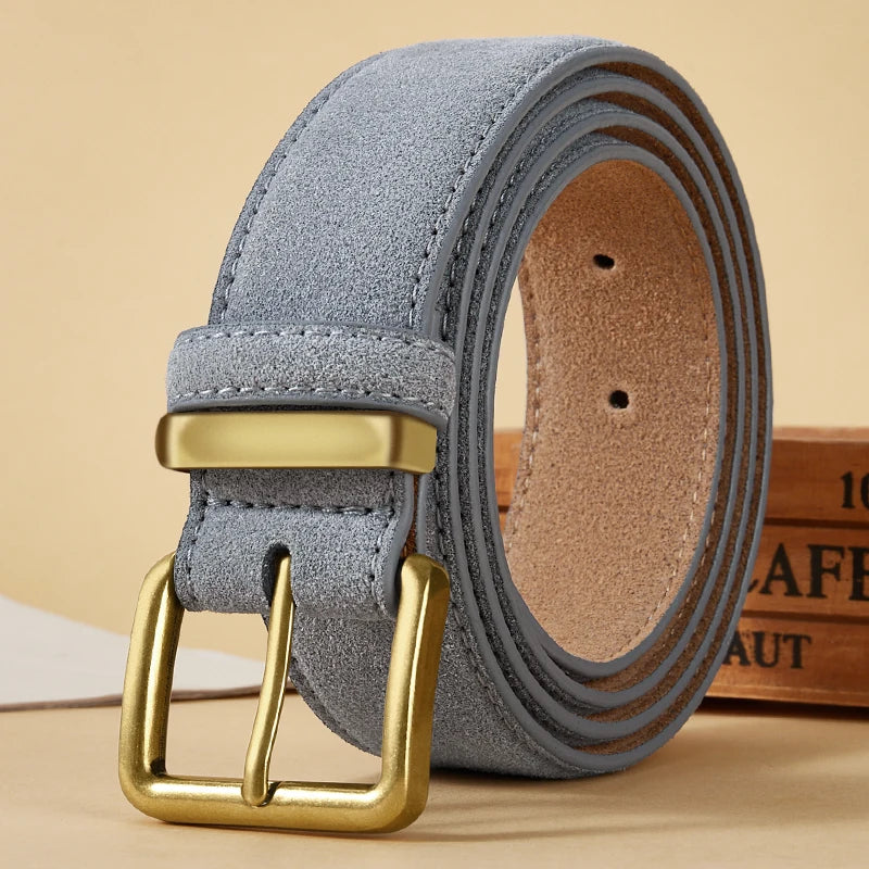 Women’s Suede Cowhide Leather Belt – Vintage Gold Buckle 3.5cm