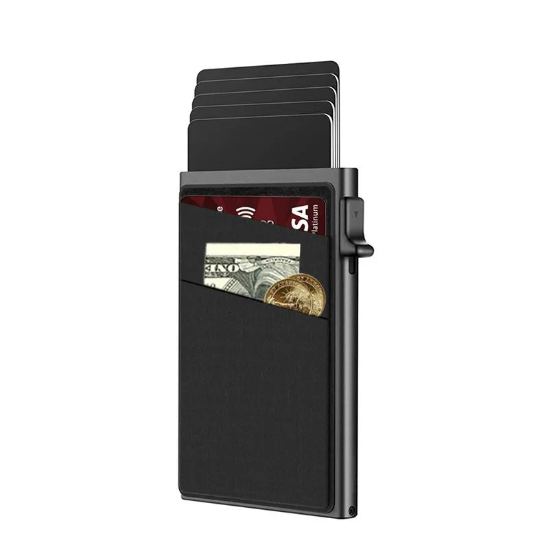 Black wallet with card slots and money pocket on a white background