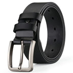 Black leather belt with a silver buckle on a white background