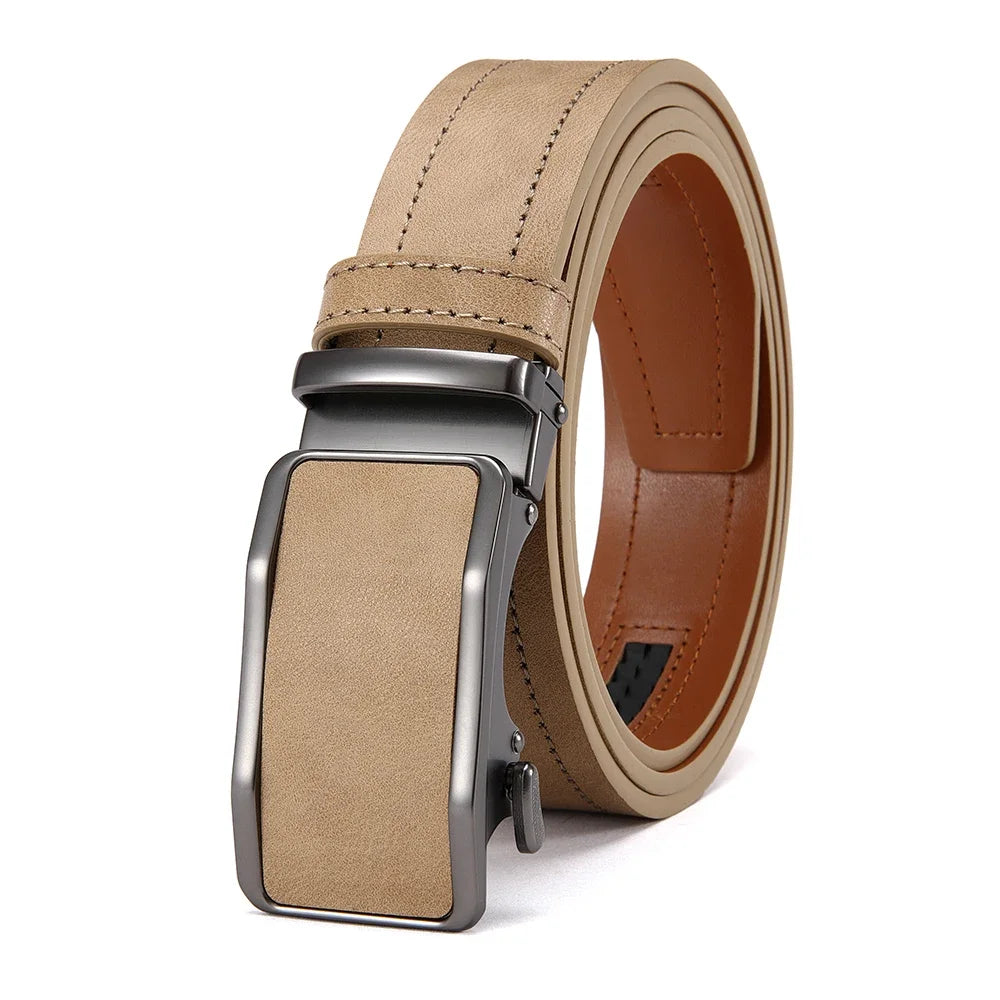 Beige belt with a silver buckle on a white background
