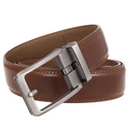 Brown leather belt with a silver buckle on a white background