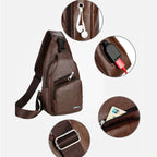 Brown sling bag with various compartments and features on a white background